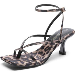 DREAM PAIRS Women's kitten Low Strappy Lace Up Heels Open Square Toe Thong Ankle Strap Heels Sexy Fashion Comfort Dress Shoes Party Sylvestra Pumps Heeled Sandals (7.5, Leopard)