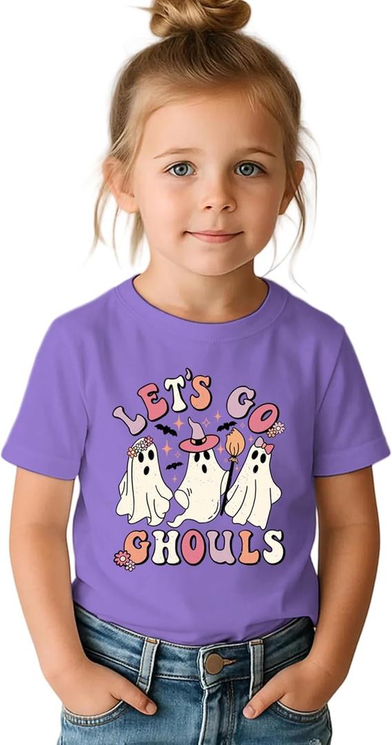 SANIXJOO Toddler Halloween Shirts Baby Girls Let's Go Ghouls Graphic T-Shirts Short Sleeve Fall Tee Tops(Purple, 18-24 Months)
