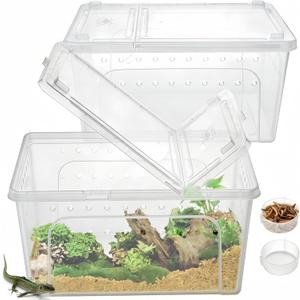 2 Pack Reptile Feeding Box, 12.6"x8.7"x6" Transparent Snake Enclosure Terrarium, Plastic Spider Habitat Cage with Feeding Bowl, Small Hatching Container with Ventilated Lid for Lizard Frog