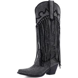 Rhinestone Fringe Cowgirl Boots for Women, Knee High Western Boots with Embroidery, Pointed Toe Chunky Heel Pull On, Concert Festival Statement Boots, Size 9