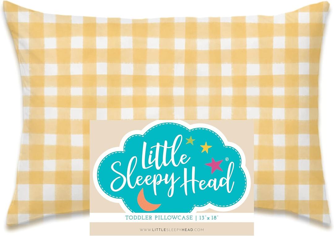 Little Sleepy Head Toddler Pillowcase, 100% Cotton & Hypoallergenic Pillow Case for Toddler Pillow, Snug Fit Envelope Pillowcase, 13x18 Pillowcase, Pilllow Sold Separately (Gingham Yellow)