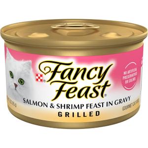 Purina Fancy Feast Grilled Wet Cat Food Salmon and Shrimp Feast in Wet Cat Food Gravy - (Pack of 24) 3 oz. Cans (EXP 06/30/28)