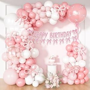 Amandir Pink Bow Balloon Arch Garland Kit Happy Birthday Banner, 24'' Double Stuffed Clear Balloon with Ribbon Bows Light Pink White Balloons for Women Girls Coquette Birthday Party Decorations : Toys & Games