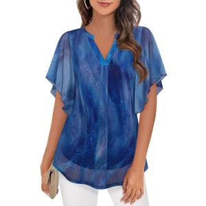 Timeson Women's Short Sleeve V Neck Blouses Shirts Floral Double Layers Mesh Tunics Tops (Large)