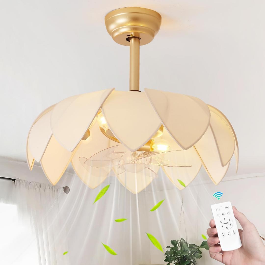 ainqiant 20" Gold Fandelier Ceiling Fans with Lights,Flower Chandelier Ceiling Fan with Light and Remote Control, Boho Fandelier with 6 Speeds for Bedroom, Nursery, Living Room