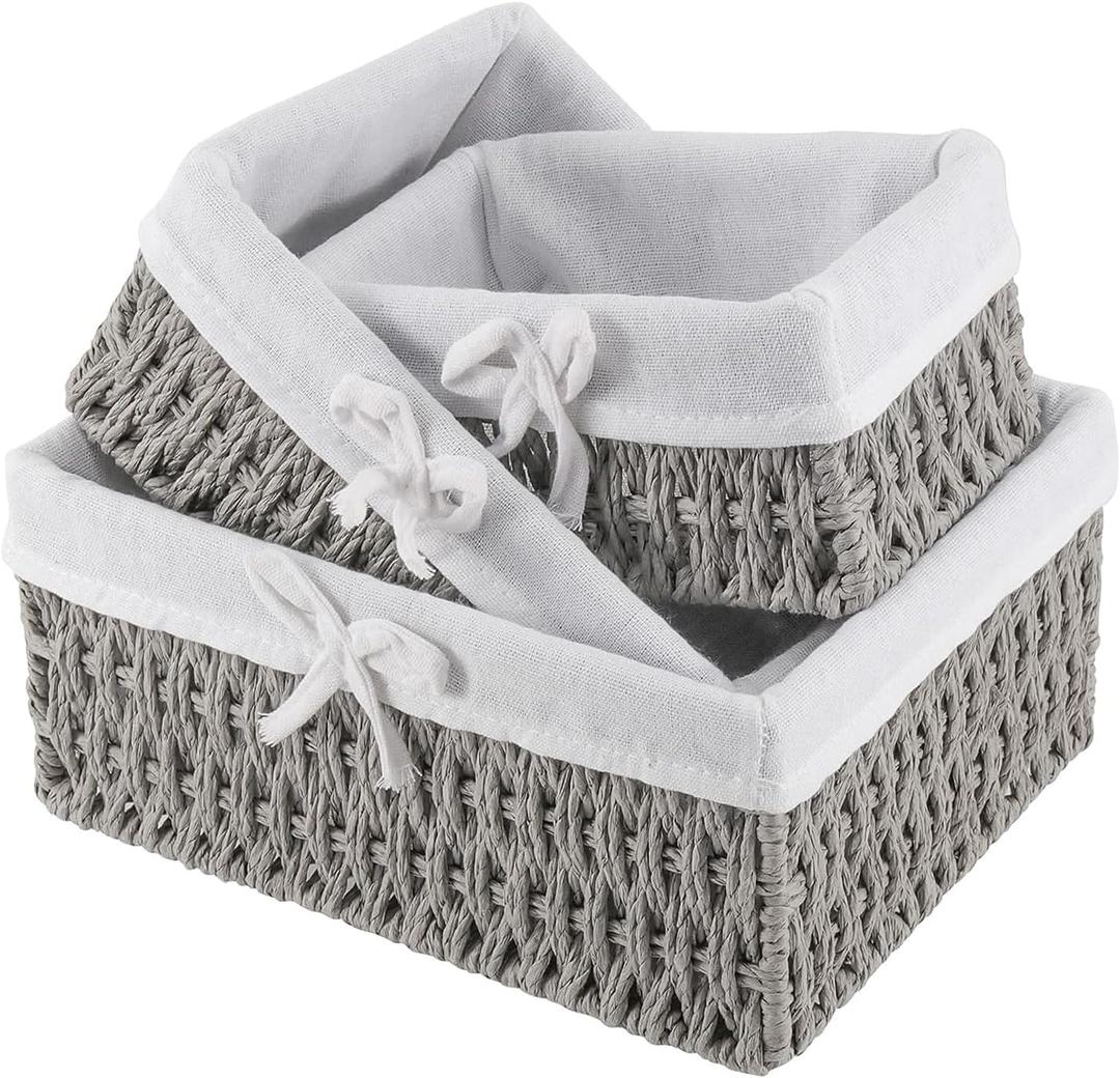 SHEUTSAN 3 PCS 3 Sizes Gray Woven Storage Basket with Removable Liner, Decorative Paper Rope Woven Storage Bin for Organizing and Storing