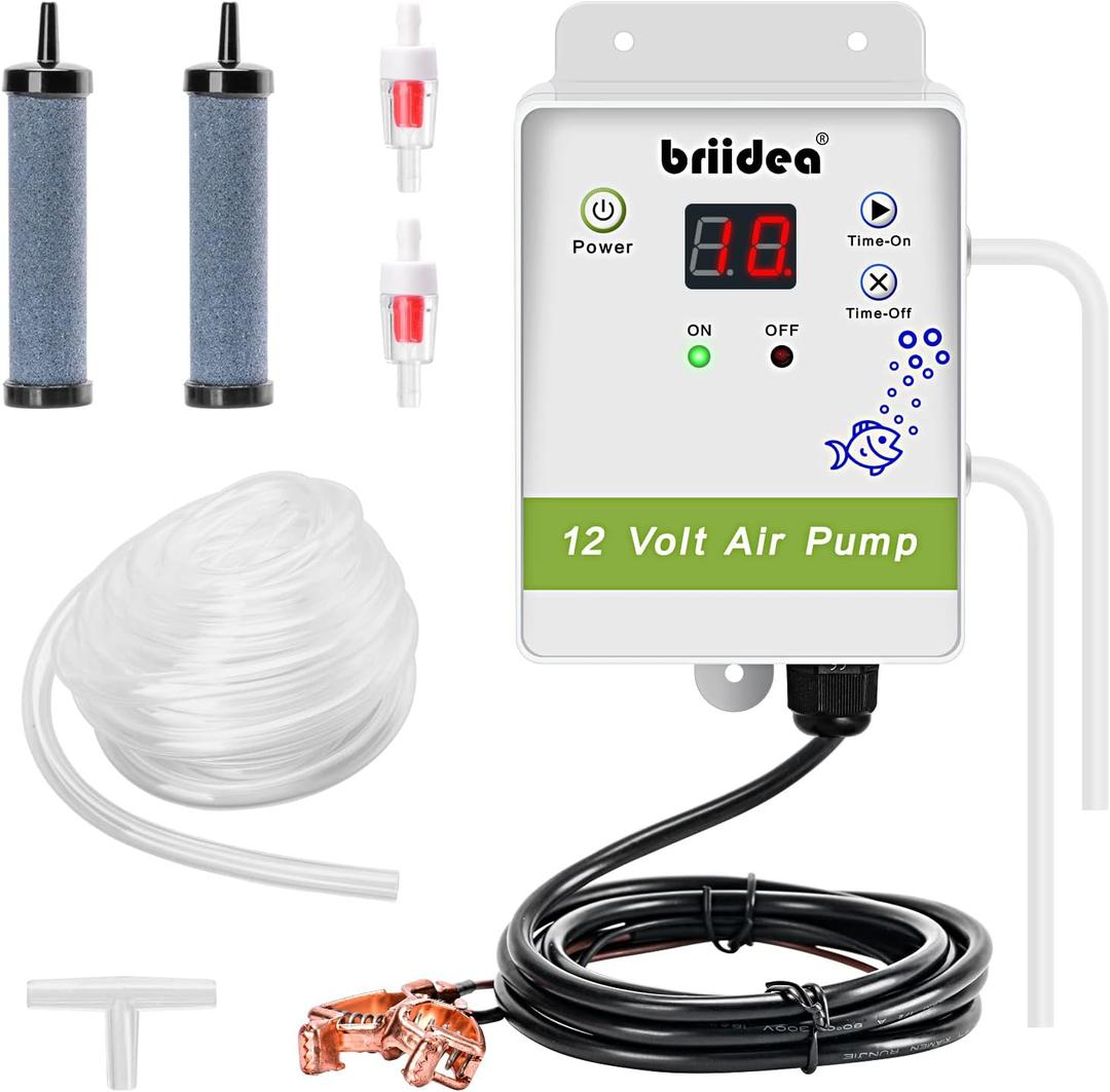 Aerator for Bait Bucket, Briidea 12 Volt Livewell Aerator Pump System with Timing Cycle Function, Dual Outlet, Designed for Use in Fresh and Salt Water to Keep Your Bait Fish Alive