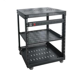 RIVECO 12U Network Rack with Reinforced Top Cover - 4 Post Floor Rack on Wheels for 19" Equipment & Stereo Gear- Including Rack Mount Power Strip & 1PCS 1U Rack Shelf
