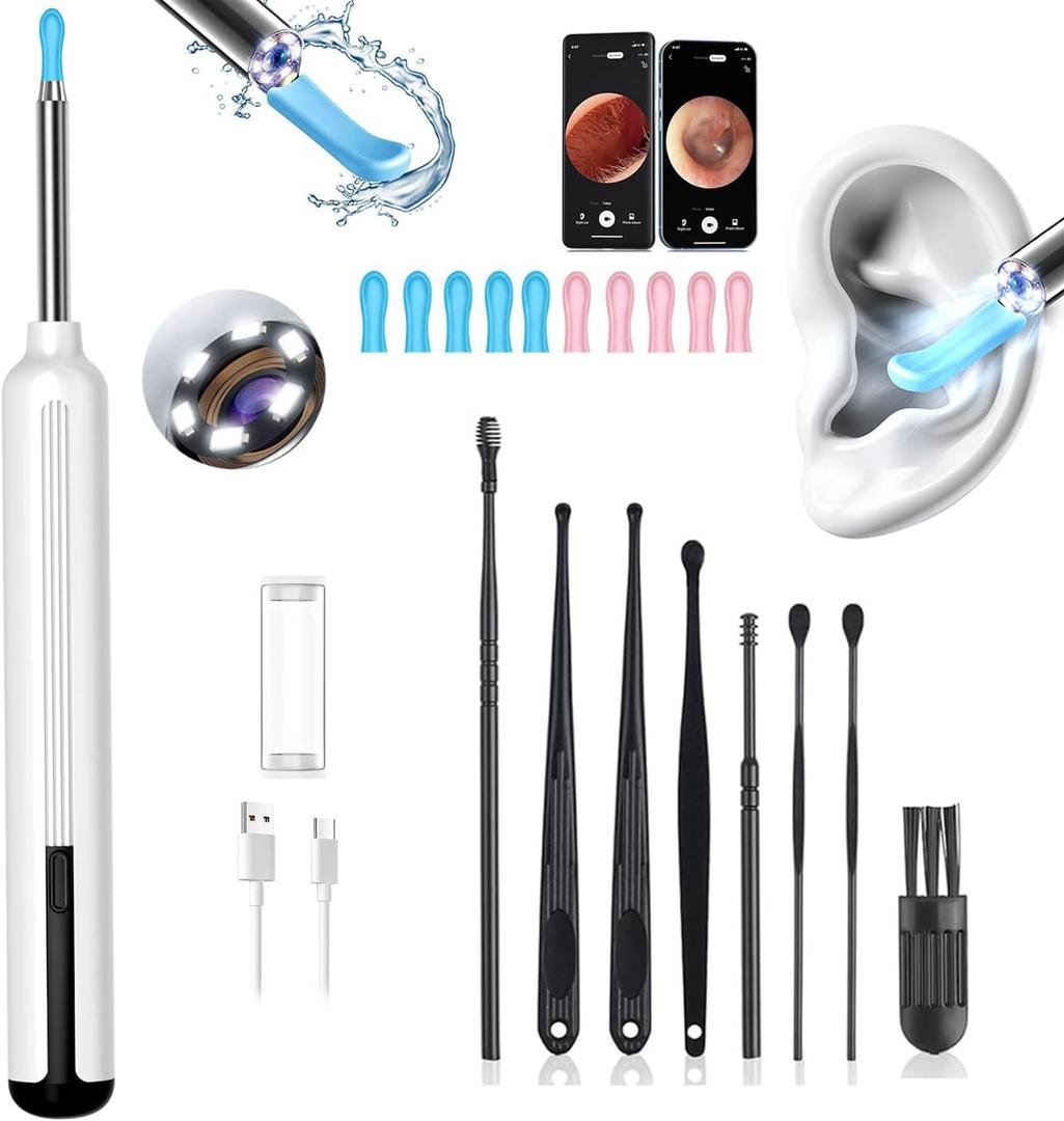 Ear Wax Removal, Ear Wax Removal Tool Camera with 1080P and 6 LED Lights, Ear Cleaner with 10 Replacement Tips, Earwax Removal Kit with Camera and 7 Pcs Ear Picks for Android/iOS