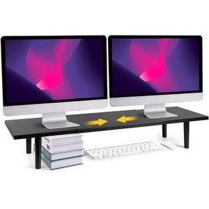 Dual-Monitor-Stand-Riser-For-Desk Adjustable Length 32-40 InchLarge Desktop Computer Monitor Riser For 2 ScreensDesk Shelf Organizer Riser Stand For Computer/Laptop/PC/Printer/TV Black