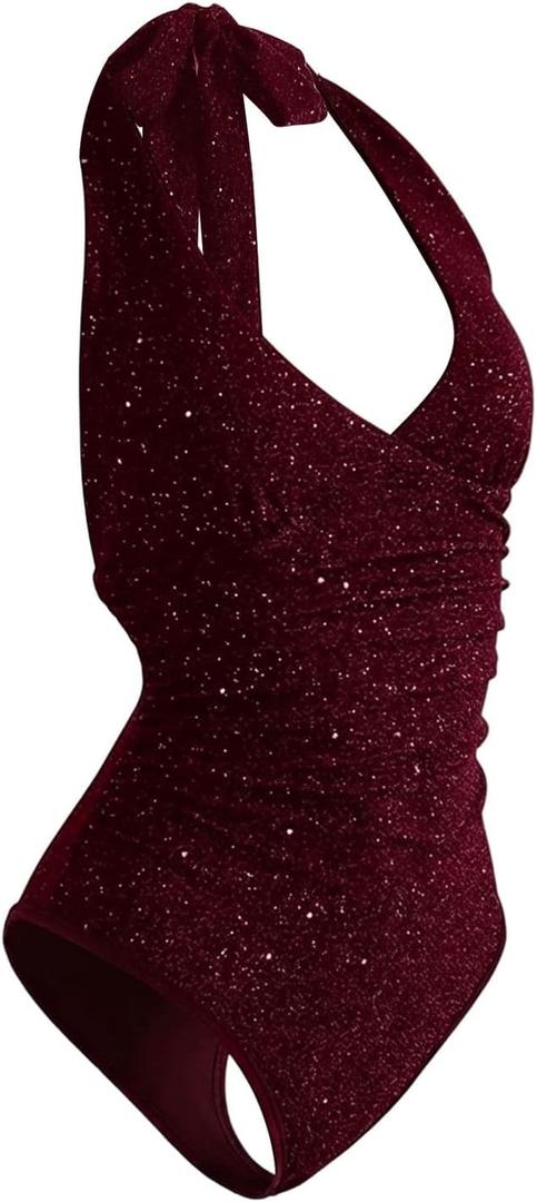 Verdusa Women's Rave Glitter Sparkly Tops Tie Backless Halter Bodysuit Sleeveless Leotard Tops (Medium, Burgundy)