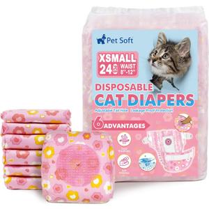 Pet Soft Disposable Cat Diapers - Diaper for Female & Male Cats, Puppy Doggie Diapers for Female Dogs with Adjustable Foam Tail Hole, X-Small (24Pcs, PK Flowers)
