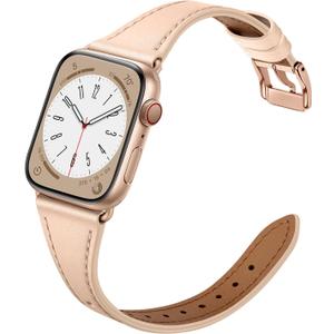 Slim Leather Bands Compatible with Apple Watch Band 42mm 41mm 40mm 38mm, Genuine Leather Replacement Strap for iWatch Series 11/10/9/8/7/6/5/4/3/2/1 SE 3/2/1 Women, Pink Sand/Rose Gold