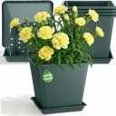 4 Set Large Square Plastic Planter with Drainage & Saucer, 12" Outdoor & Indoor Plant Pots with Drainage Holes, Garden Thick Plastic Pots Container, Uv-Resistant (12",Square,Gallon Green)