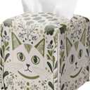 Cat Tissue Box Holder, Sage Green Floral Leather Tissue Box Cover Square, Paper Napkins Everyday Dispenser Accessories for Bathroom Vanity Countertop Night Stands Kitchen Office Home Decor