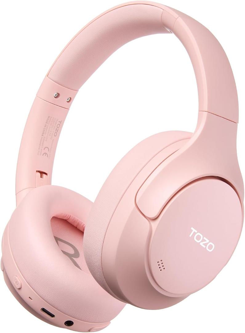 TOZO HT3 Hybrid Noise Cancelling Headphones, 90H Battery Life Wireless Over Ear Bluetooth 6.0 Foldable Headset, AI Voice Assistant with 5 Mics, Connect 2 Devices and Hi-Res Sound, 32 EQ Audio Presets (Pink)