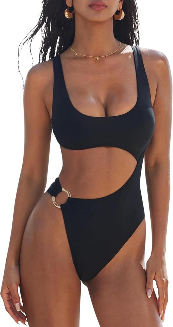 SUUKSESS Women Sexy One Piece Tummy Control Swimsuit Cutout Backless Bathing Suit (Black, S)