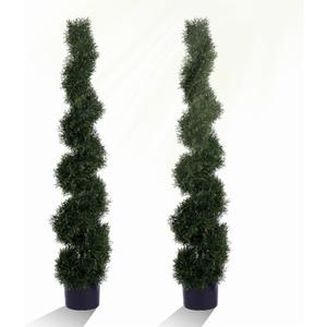 Two 5 Foot 4 Inch Artificial Cypress Spiral Trees Potted Indoor or Outdoor