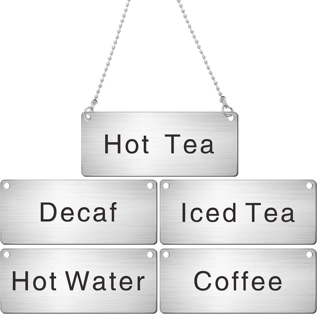 Hicarer 5 Pcs Stainless Steel Chain Signs 3-1/2 x 1-3/8 Beverage Table Display Hanging Chain Sign(Coffee, Decaf, Hot Water, Hot Tea, Iced Tea)