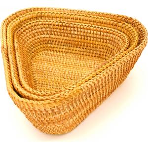 Set of 3 Handmade Rattan Triangle Fruit Basket Side Table Decorative Organizers Corner Shelves Snack Serving Bowls,10 Inch Woven Wicker Brown Basket with 3" Wall