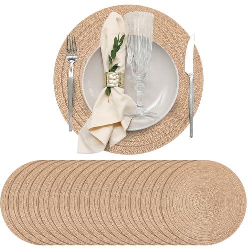Gandeer 24 Pcs 13 Inch Round Burlap Woven Placemat Boho Jute Braided Charger Bulk Rustic Vintage Natural Brown Heat Resistant Dining Table Mat for Wedding Farmhouse Home Kitchen Easter Summer Outdoor