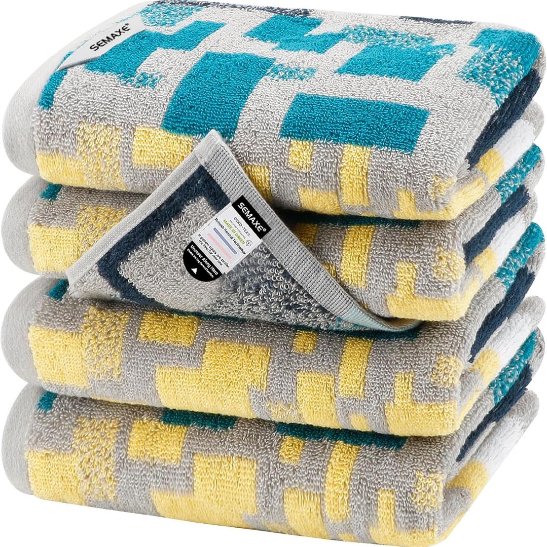 SEMAXE Hand Towels for Bathroom, 100% Cotton Towels with Hanging Loops, Soft and Absorbent, 4 Pack Hand Towel Set for Gym, Shower, Hotel, Spa and Kitchen, Colorful Towel - Checkered Collection