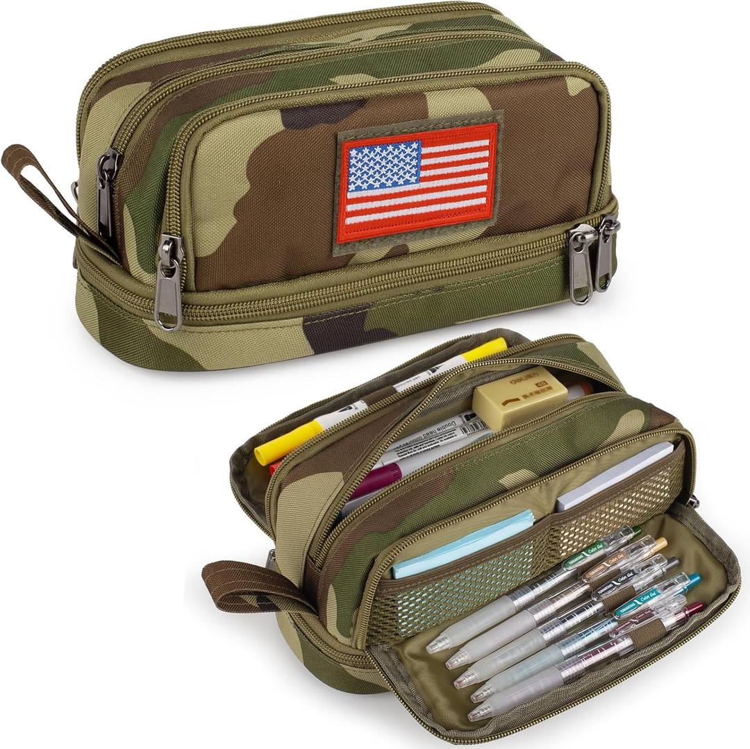 ATRIPACK Tactical 4 Compartments Pencil Case for Boys,Big Canvas Pen Pouch Bag, Large Capacity Pen Box, Tool Bag for Middle School College Office Organizer for Kids Men Women Adult Teens (Camo Green)