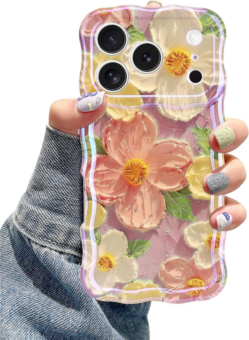 Jusy Case for iPhone 17 Pro, Colorful Retro Oil Painting Printed Flower Laser Blue Glossy Pattern Cute Curly Wave Phone Case Soft TPU Cover for Girly Women -Pink (Pink Without Bracelet)