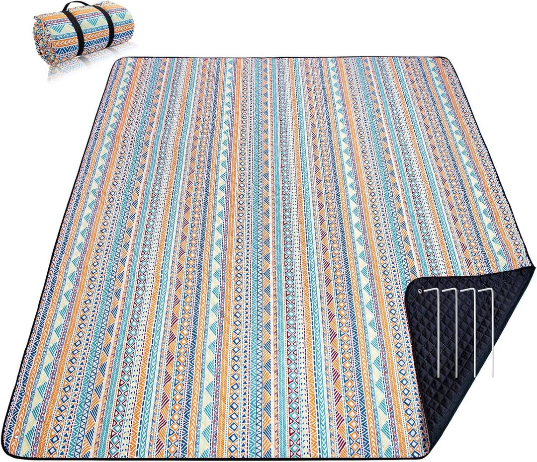 PY SUPER MODE Picnic Blankets Extra Large, Waterproof Foldable Outdoor Beach Blanket Oversized 83x79 Sandproof, 3-Layer Picnic Mat for Camping, Hiking, Travel, Park, Concerts(Orange Boho)