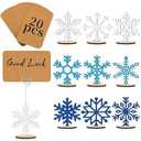 Funnymoom 20 Pcs Christmas Wood Place Card Holders Stand Display and 20 Kraft Place Cards Santa Snowman Elk Number Name Photo Picture Clip Holder for Xmas Party Table Decoration (Blue White Snowflake)
