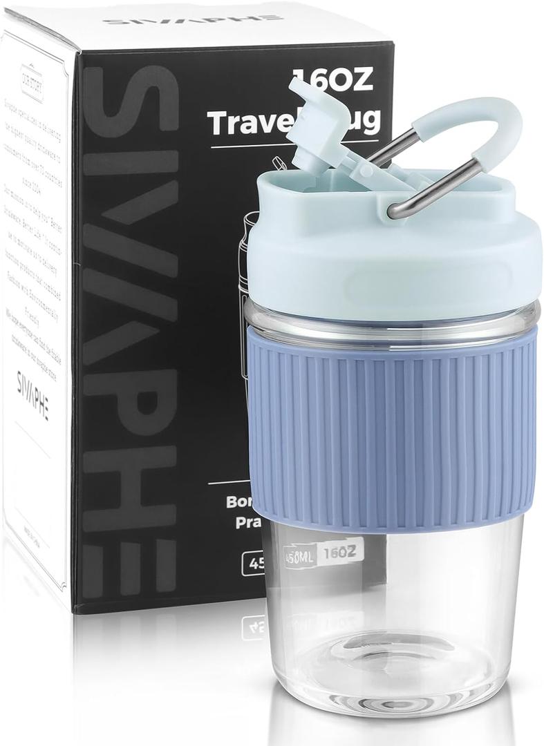 Sivaphe Reusable Glass Coffee Cup 16 oz, Portable Travel Mug with Spill-Proof Lid and Protect Sleeve for Home Office Blue