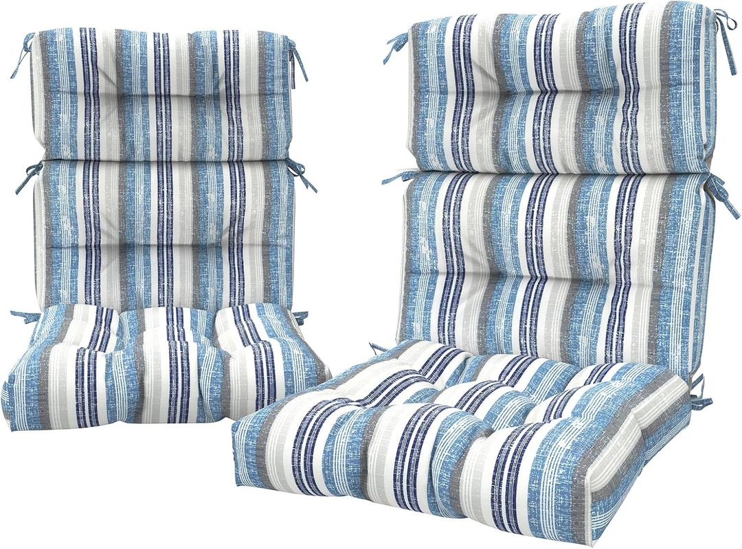 LVTXIII 2 Pack Outdoor High Back Cushions, 22" W x 20" D Tufted Seat and Back Chair Cushion with Ties, Fluffy Patio Replacement Rocking Chair Cushion for Outdoor Furniture Use, Stripe Layered Blue, 44"x22"x4"