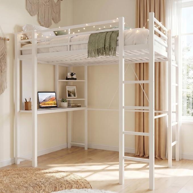 Metal Loft Bed with Desk, Full Size Loft Bed with 2 Built-in Ladders & Safety Guard