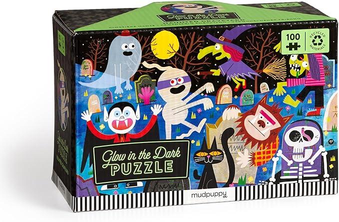 Mudpuppy Haunted Graveyard â€“ 100 Piece Glow in The Dark Jigsaw Puzzle with a Scary Scene of Monsters and Creatures and Hidden Spooky Details in The Dark