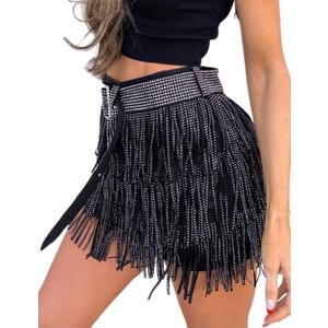 happlan Women's Rhinestone Fringe Mini Skirt with Belt (Large, Black)