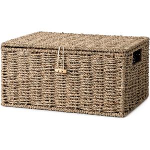 StorageWorks Seagrass Wicker Baskets for Organizing, Medium Wicker Basket with Lid, Decorative Basket with Built-in Handles, Towel Storage for Shelf, 1 Pack