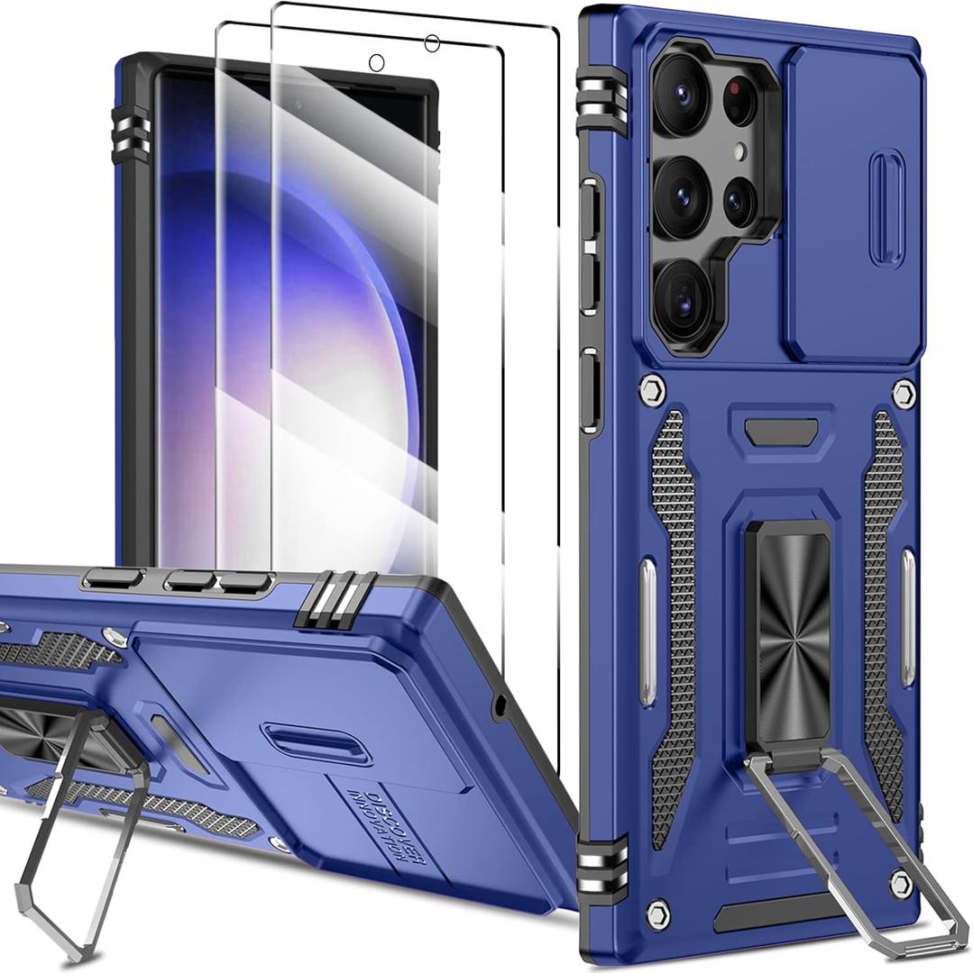 for Samsung Galaxy S23 Ultra Case with Slide Camera Cover, 2X Screen Protector, Built-in 360 Rotate Ring Kickstand, Military Grade Shockproof Phone Case for Samsung S23 Ultra 5G 6.8 inch-Blue