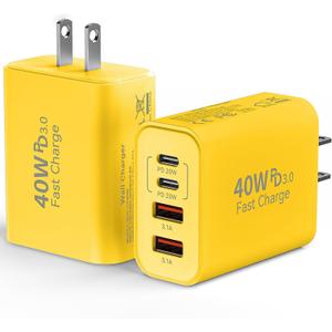 USB C Wall Fast Charger Block, 40W 4-Port Type C Charger, PD & QC 3.0, Multi-Port, Compatible with iPhone 15/14/13/12 Pro Max, Galaxy S24/23, Yellow