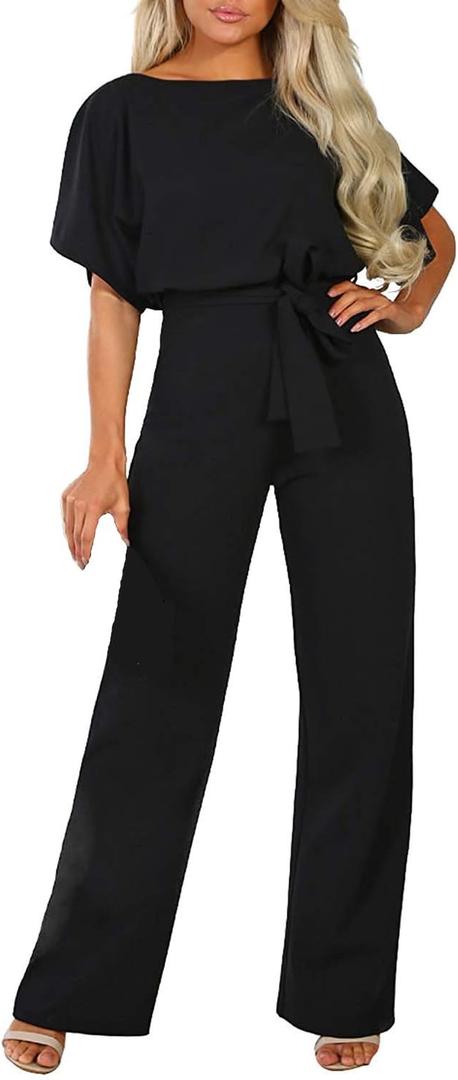 Happy Sailed Womens Loose Short Sleeve Belted Wide Leg Pant Romper Jumpsuit Business Casual One Piece Outfits (Small, A Black)