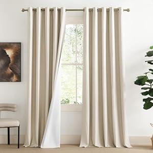 NICETOWN 100% Absolutely Blackout Linen Curtains with Thermal Insulated White Liner, Beige, W62, 2 Pieces, Noise Reducing Textured Linen Look Curtains for Windows 108 inch Length for Classroom