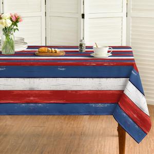 Horaldaily Red Blue Wood Grain Tablecloth 60×84 Inch Rectangular, Rustic Red Blue Wooden Stripes Vintage Table Cover for Western Barn Themed Party Dinner Patio Garden