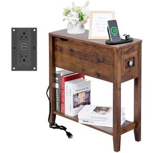 LUSUOWLZ Chairside Table with Charger,Cherry End Table with Movable Top and Charging Station, Narrow Side Table with Storage Cabinet and USB, Sofa Table for Living Room Bedroom : Home & Kitchen