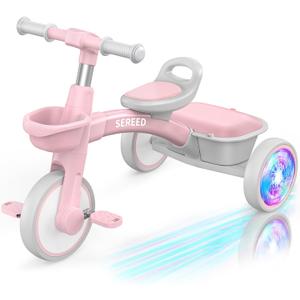 SEREED Colorful Lighting Toddler Tricycle for 2-5 Years Old Girls, Adjustable Seat & Handlebar Trike, Removable Basket, Birthday Gift Idea for Kids Ages 2+ (Pink)