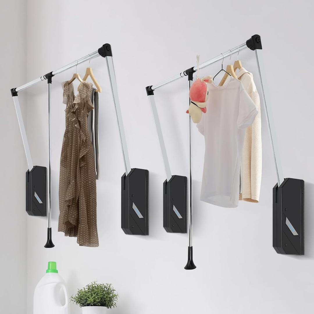 Pull Down Closet Rod 2 Pack, 60 lbs Load Capacity, Stainless Steel Adjustable 26-35 inches Soft-Close Wardrobe Lift Rail Organizer for Hanging Clothes, Two-way Buffering Side & Back Mounted Closet Rod