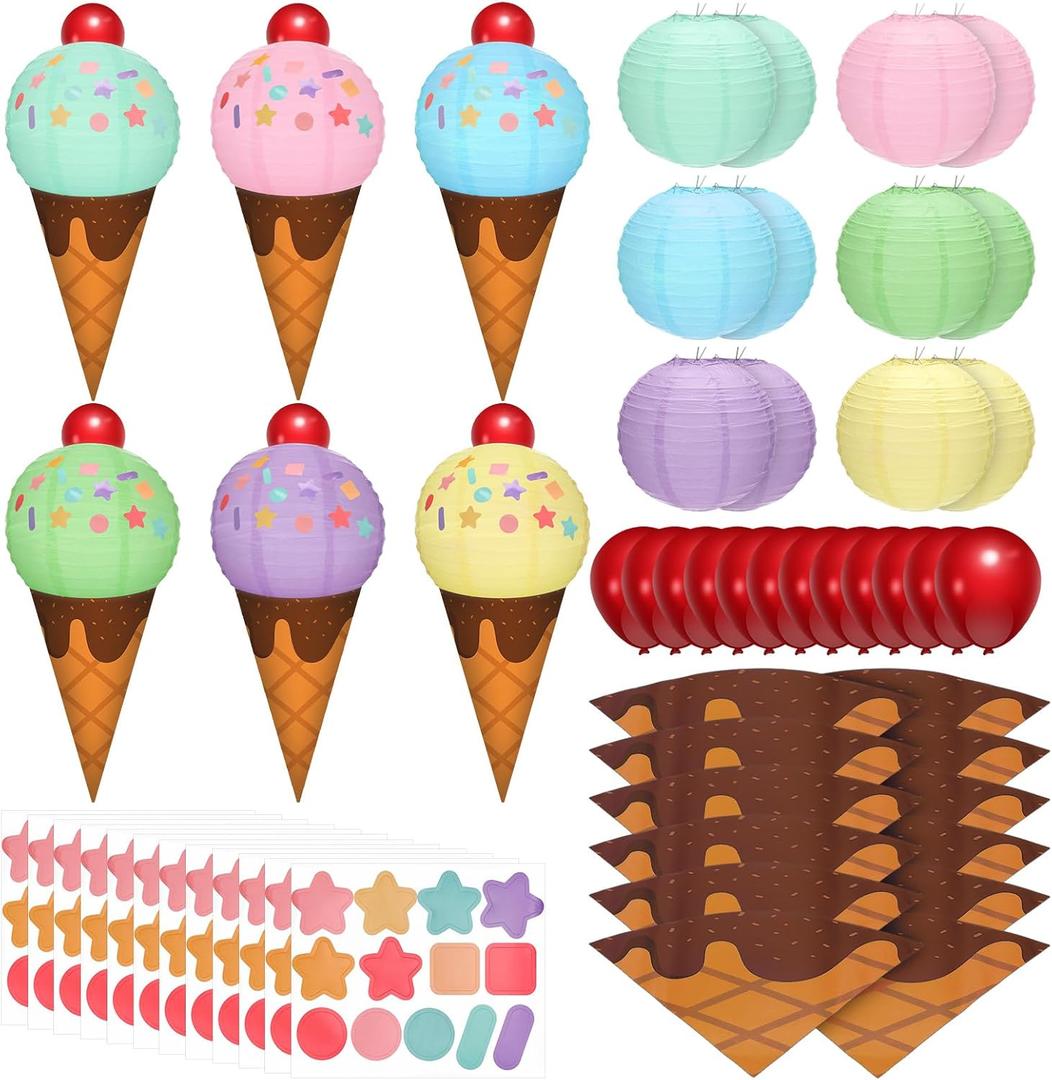 12 Set Large Ice Cream Paper Lanterns Balloons 18 Inch DIY Cone Kit Giant Sweet Ice Cream Sprinkle Cone Decorations for Summer Theme Birthday Baby Shower Bridal Shower Party Favor