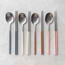 304 Stainless Steel durable Lightweight Korean-style Beautiful Cutlery Spoon and Chopsticks Set Scratch Resistant 2Pieces (Gray+Peach Pink)