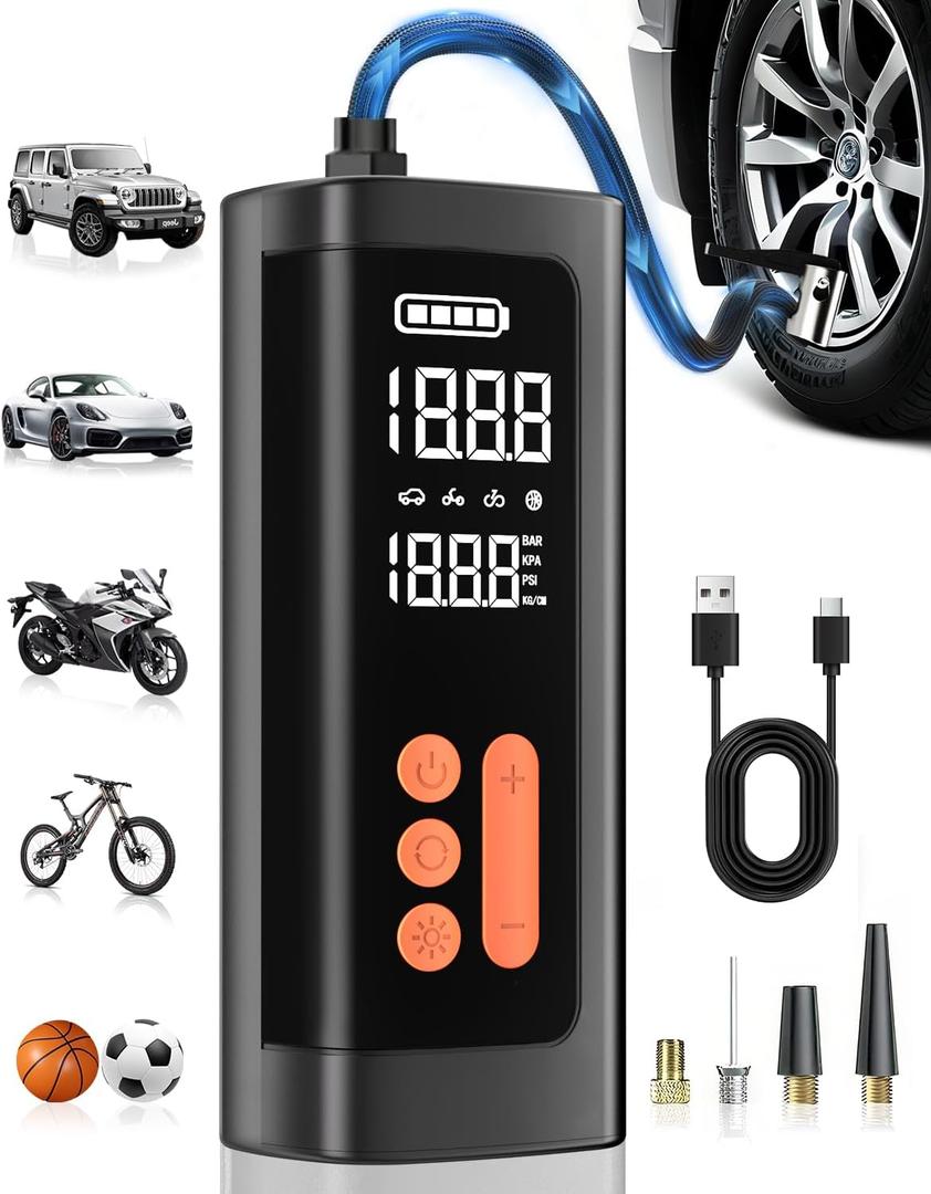 Tire Inflator Portable Air Compressor, Cordless & 12V DC Air Inflator for Car Bikes MotorcycleTires Balls with Auto Shut-Off, Digital Pressure Gauge, Compact Emergency Pump,Vivid Orange