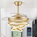 42 Inch Retractable Ceiling Fan with Lights, Gold Fandelier Ceiling Fans with Light and Remote, Reversible, 6 Speed Dimmable LED Chandelier Ceiling Fan for Bedroom Living Room Dining Room, 3000K-6000K