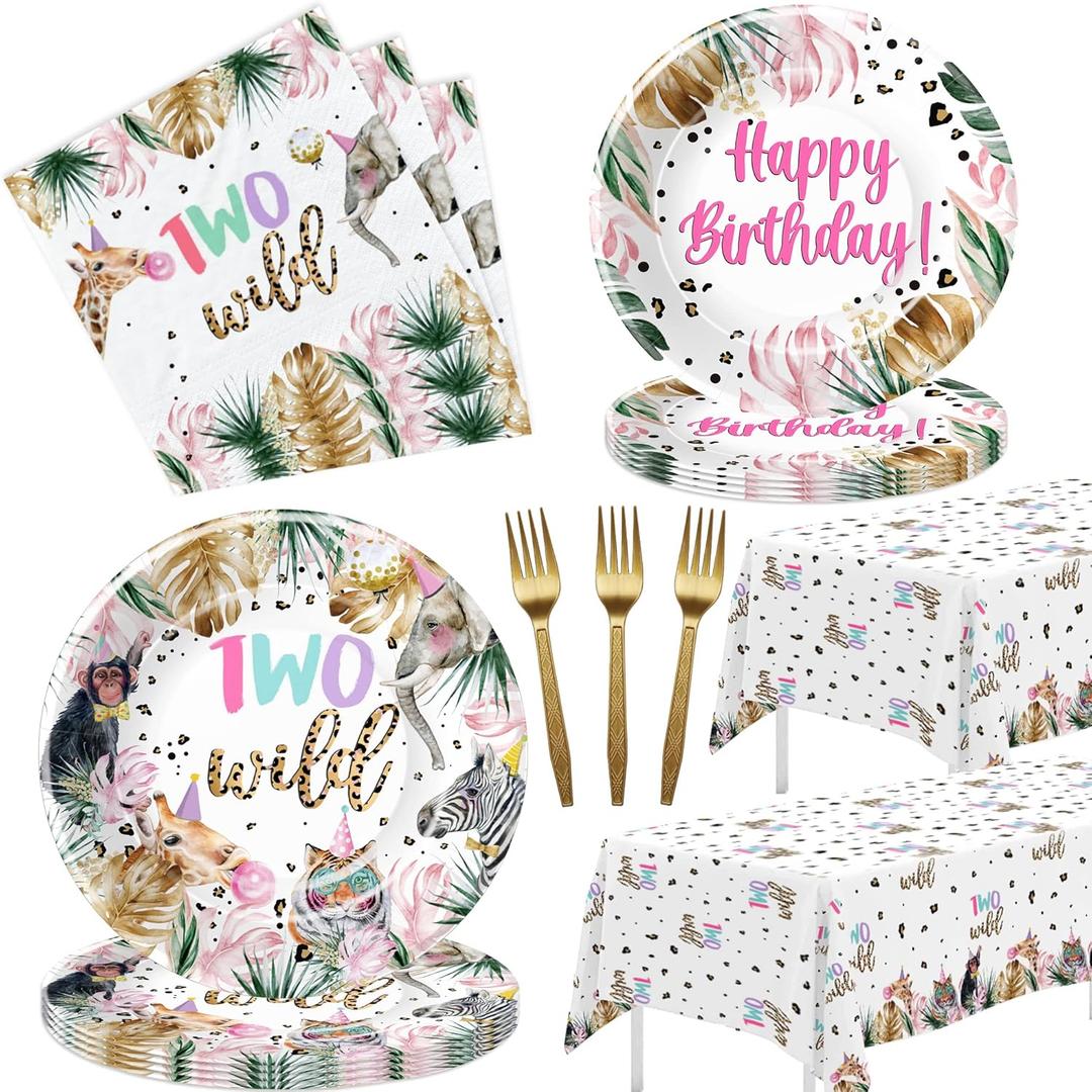 APOWBLS Two Wild Birthday Decorations Girl Tableware - Safari Jungle Animal 2nd Birthday Plates Napkins Party Supplies, Paper Plates, Napkins, Tablecloth, Disposable Forks | Serves 24