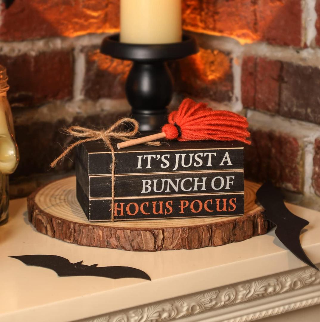 Halloween Wood Book Stack, Hocus Pocus Mini Faux Books Bundle, Halloween Tiered Tray Decor for Home Table Mantle Shelf